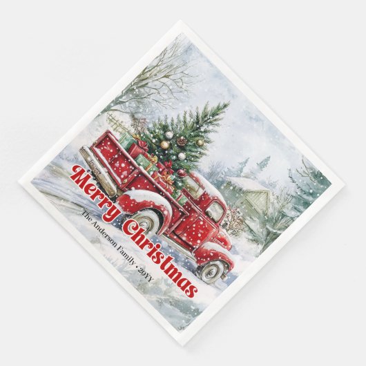 Festive red truck Christmas scene rustic table  Serviette (Ecke)