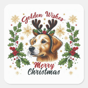 Festive Rentier Golden Retriever Hund Weihnachten Quadratischer Aufkleber