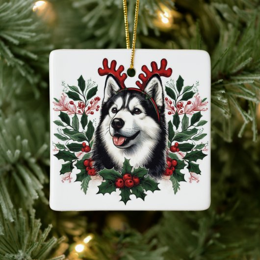 Festive Rentier Siberian Husky Dog Weihnachten Keramikornament (Baum)