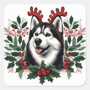 Festive Rentier Siberian Husky Dog Weihnachten Quadratischer Aufkleber