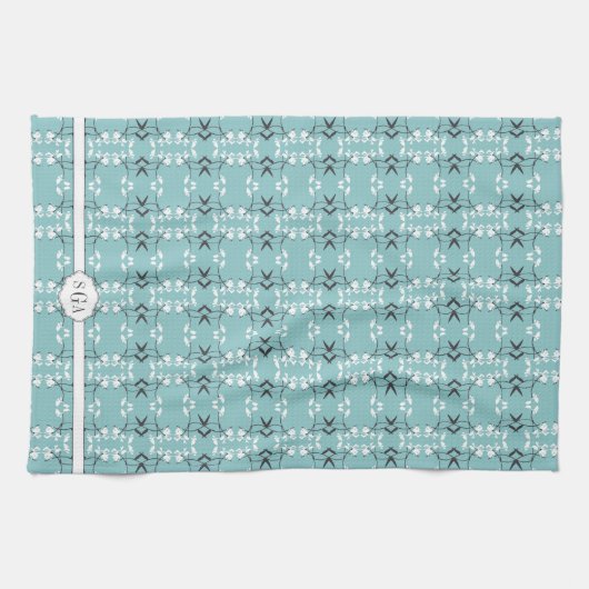 Festive Royal Botanical Monogram Robin's Egg Blue Geschirrtuch (Horizontal)