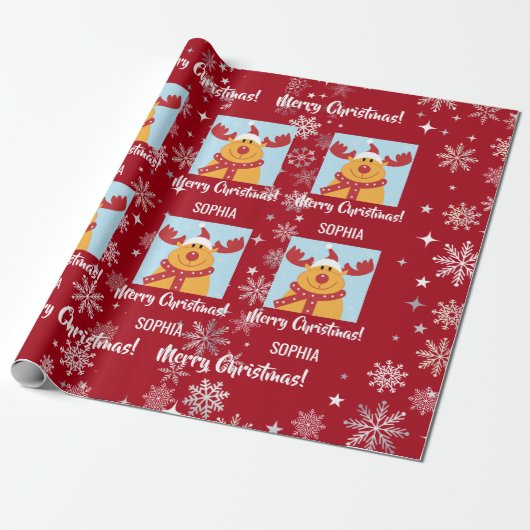 Festive Rudolph Reindeer Snow Personalized Xmas Geschenkpapier (Ungerollt)