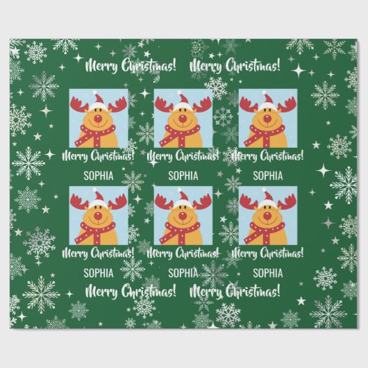 Festive Rudolph Reindeer Snow Personalized Xmas Geschenkpapier (Flach)