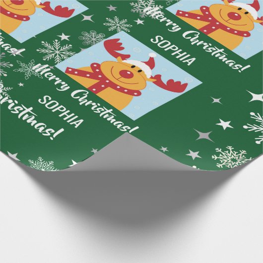 Festive Rudolph Reindeer Snow Personalized Xmas Geschenkpapier (Ecke)