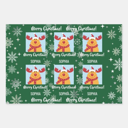 Festive Rudolph Reindeer Snow Personalized Xmas Geschenkpapier Set (Vorderseite 2)