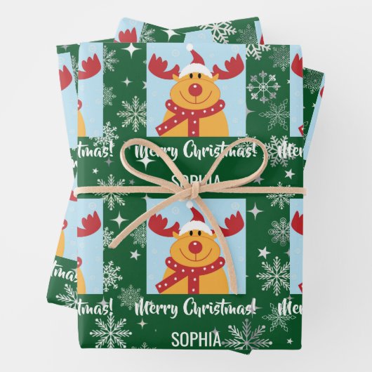 Festive Rudolph Reindeer Snow Personalized Xmas Geschenkpapier Set (Beispiel)