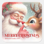 Festive Santa and Rudolph Personalized Holiday  Quadratischer Aufkleber (Vorderseite)