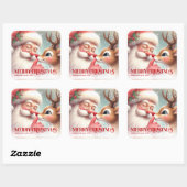 Festive Santa and Rudolph Personalized Holiday  Quadratischer Aufkleber (Blatt)