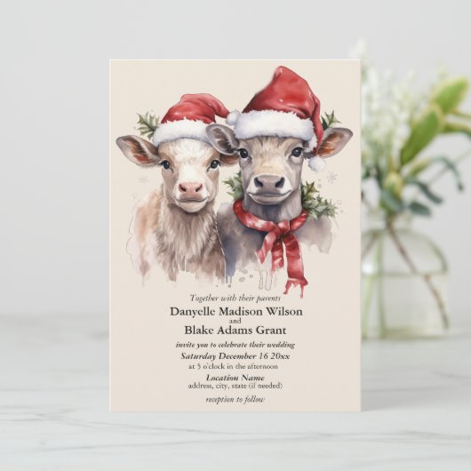Festive Santa Hat Cow Calves Christmas Wedding  Einladung (Stehend Vorderseite)