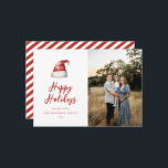 Festive Santa Hat Photo Feiertagskarte<br><div class="desc">Festive watercolor Santa hat,  holiday photo card. Features,  red typography with coordinating stripe pattern backing.</div>