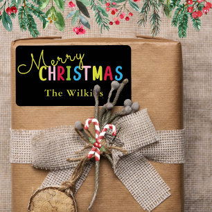 Festive Schwarz Frohe Weihnachtsfamilie Design Adressaufkleber