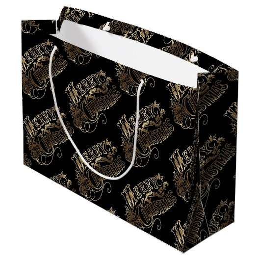 Festive Schwarz und Gold Look Script Frohe Weihnac Große Geschenktüte (Rückseite Schrägansicht)