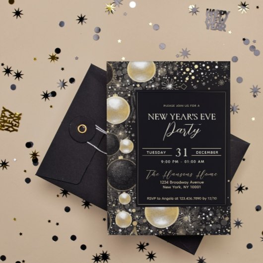 Festive Schwarze Gold Ornamente Silvester Party Einladung