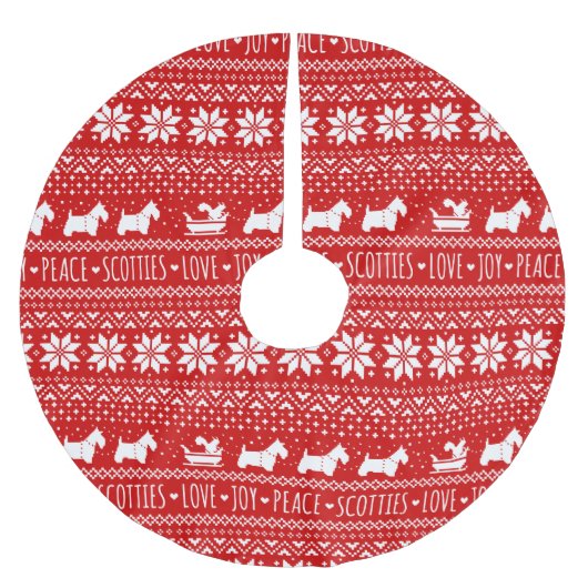 Festive Scottie Hunde Weihnachten | Schottische Te Polyester Weihnachtsbaumdecke (Vorderseite)