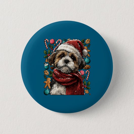 Festive Shih Tzu With Santa Hat Snowy Winter Chris Button (Vorderseite)