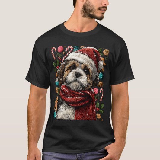 Festive Shih Tzu With Santa Hat Snowy Winter Chris T-Shirt (Vorderseite)