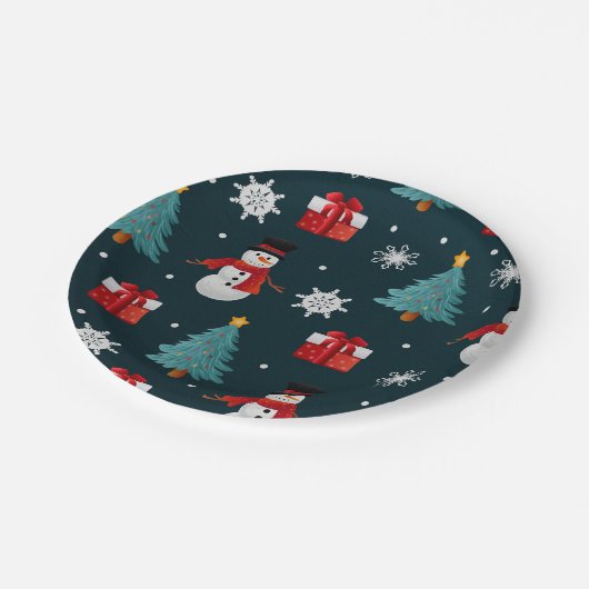 Festive Snowmen Christmas Trees Holiday Gift Round Pappteller (Schrägansicht)
