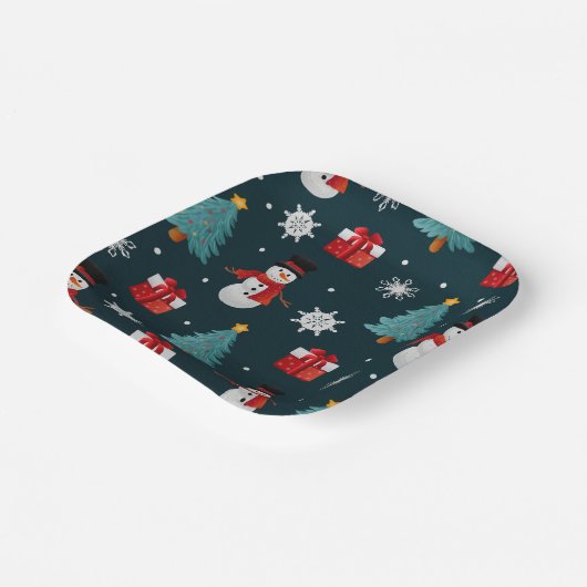 Festive Snowmen Christmas Trees Holiday Gift Sqr Pappteller (Gewinkelt)
