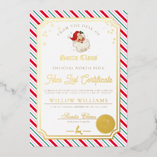 Festive Strip Nice List Certificate Foil Card Folieneinladung (Vorderseite)