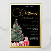 Festive Tree Black Office Christmas Party Gold Folieneinladung (Vorderseite)