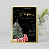 Festive Tree Black Office Christmas Party Gold Folieneinladung (Stehend vorne)