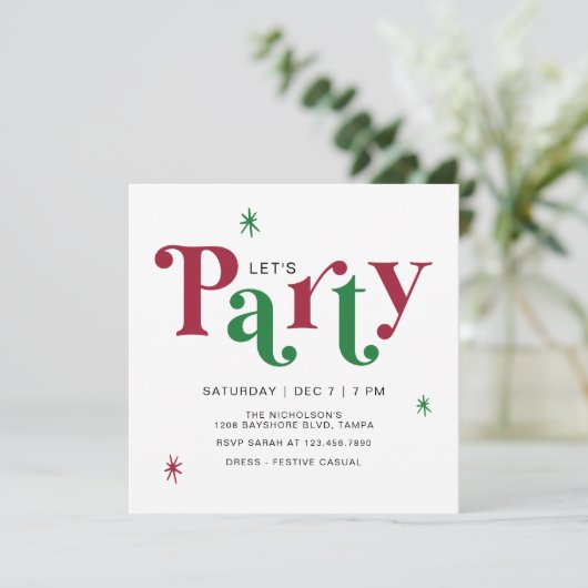 Festive Typography Let's Party Fun Holiday Einladung (Stehend Vorderseite)