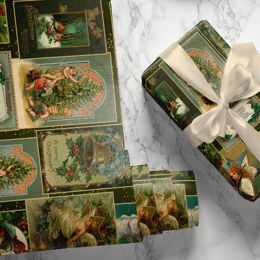 Festive Vintage Weihnachtskarte Collage Green BG Geschenkpapier