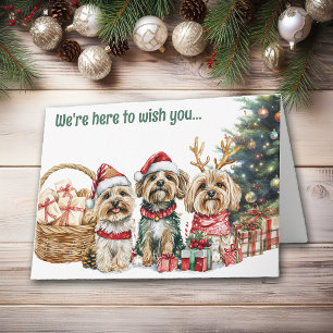 Festive Wasserfarbe Lhasa Apso Hunde Weihnachtskar Feiertagskarte