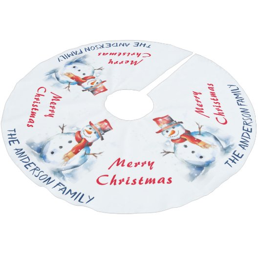 Festive Wasserfarbe Snowman Custom Frohe Weihnacht Polyester Weihnachtsbaumdecke (Schrägansicht)