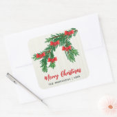 Festive Watercolor Greenery Red Bow Christmas Quadratischer Aufkleber (Umschlag)