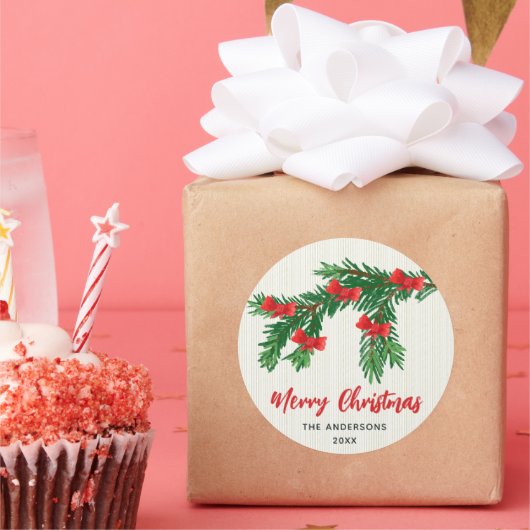 Festive Watercolor Greenery Red Bow Christmas Runder Aufkleber (Party)