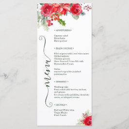 Festive Watercolor Rose Poinsettia Holiday Wedding Menükarte