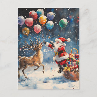 Festive Watercolor Santa Reindeer Colorful Balloon Feiertagspostkarte