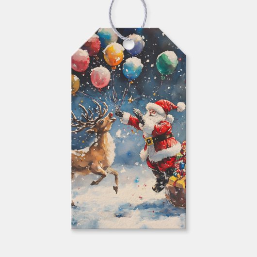 Festive Watercolor Santa Reindeer Colorful Balloon Geschenkanhänger (Vorderseite)