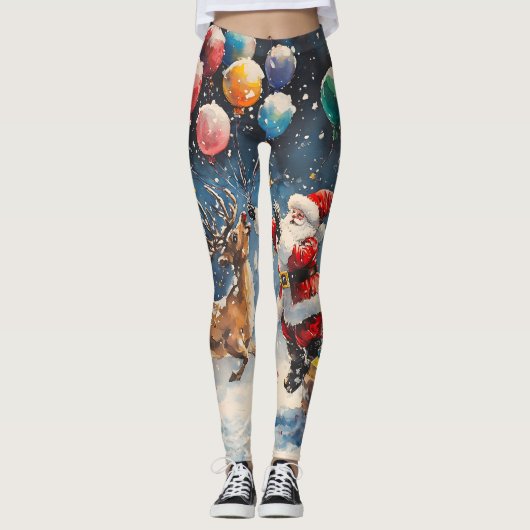 Festive Watercolor Santa Reindeer Colorful Balloon Leggings (Vorderseite)