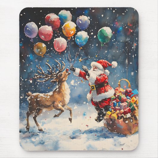Festive Watercolor Santa Reindeer Colorful Balloon Mousepad (Vorne)