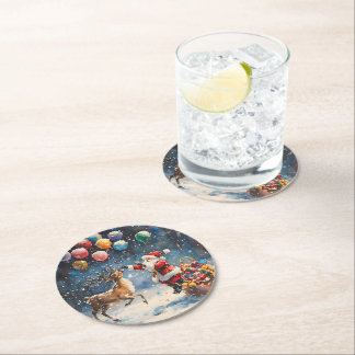 Festive Watercolor Santa Reindeer Colorful Balloon Runder Pappuntersetzer