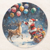Festive Watercolor Santa Reindeer Colorful Balloon Runder Pappuntersetzer (Vorderseite)