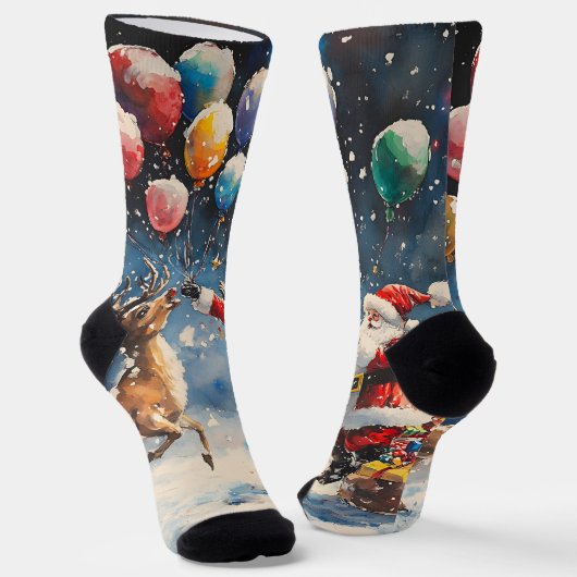Festive Watercolor Santa Reindeer Colorful Balloon Socken (Gewinkelt)
