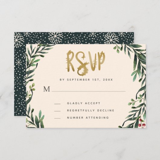 Festive Watercolor Wreath Gold Wedding RSVP Karte (Vorne/Hinten)