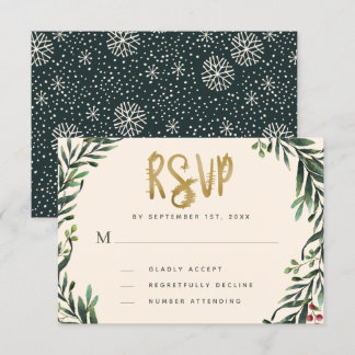 Festive Watercolor Wreath Gold Wedding RSVP Karte