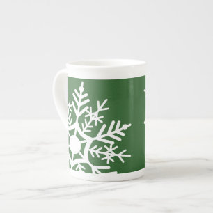 Festive Weihnachtszeit Weiß & Grün Schnee Sterne Porzellantasse