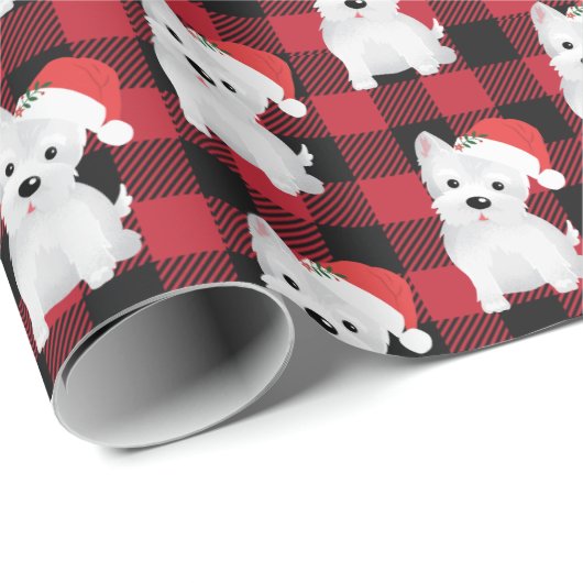 Festive Westie Santa Hat Buffalo Plaid Design Geschenkpapier (Rolleneckpunkt)