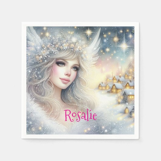Festive White Watercolor Ethereal Frost Snow Angel Serviette (Vorderseite)