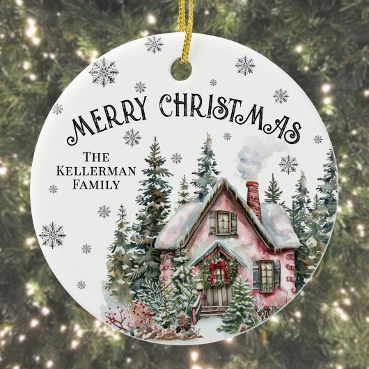 Festive Winter Cabin Merry Christmas Keramik Ornament