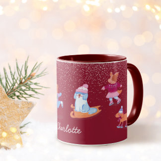 Festive Winter Cute Ice Skating Dogs Red Name Tasse