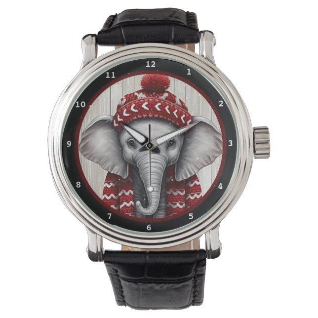Festive Winter Elephant Wearing Cozy Hat Armbanduhr (Vorderseite)