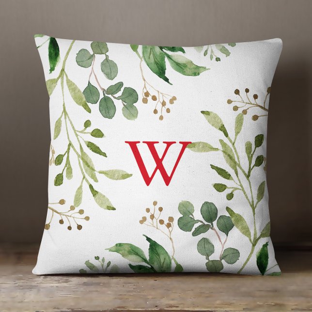 Festive Winter Greenery Wasserfarbenmonogramm Kissen (Von Creator hochgeladen)