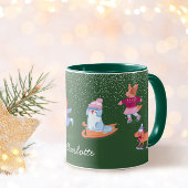 Festive Winter Iceskating Dogs Xmas Green Name Mug Tasse