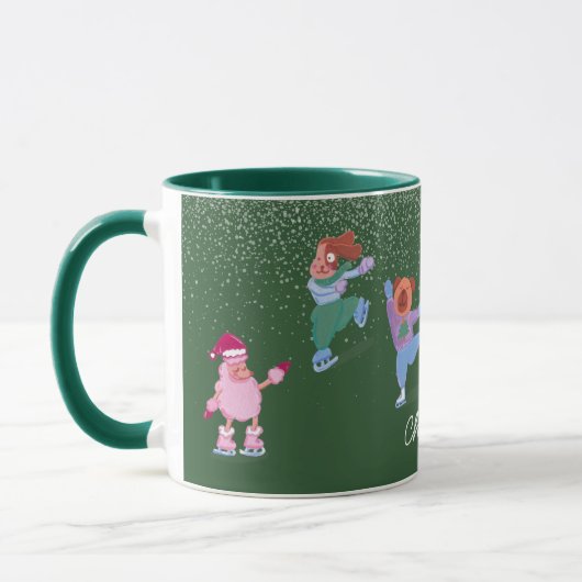 Festive Winter Iceskating Dogs Xmas Green Name Mug Tasse (Links)